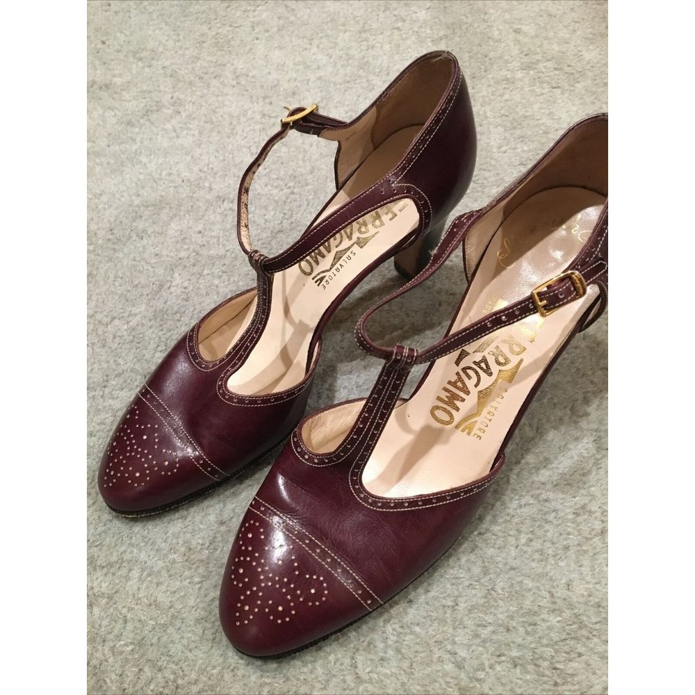 Salvatore Ferragamo Strap Buckle Brogue Cap Toe Heels in Oxblood Burgundy Italy